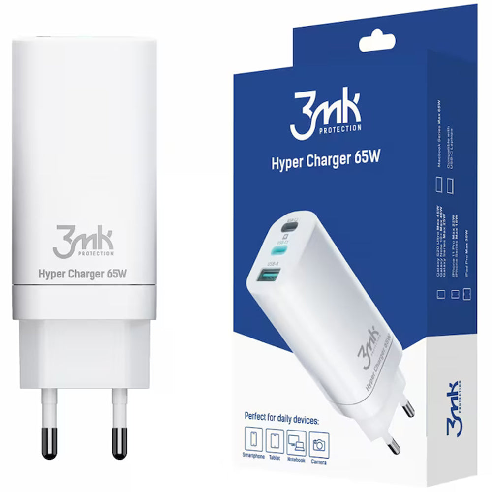 3MK HyperCharger Netoplader, 65W, 5A, 1 x USB-A - 2 x USB-C, Hvid