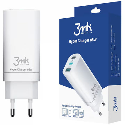 3MK HyperCharger Netoplader, 65W, 5A, 1 x USB-A - 2 x USB-C, Hvid