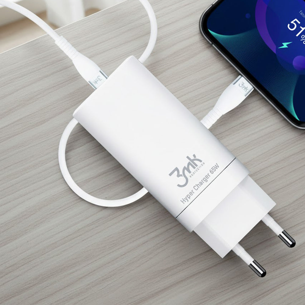3MK HyperCharger Netoplader, 65W, 5A, 1 x USB-A - 2 x USB-C, Hvid