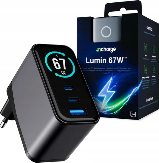 3MK InCharge Lumin Display Netoplader, 67W, 5A, 1 x USB-A - 2 x USB-C, Sort