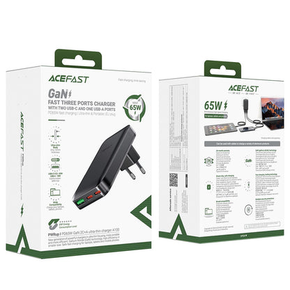 Netværksoplader Acefast A100, 65W, 3.25A, 1 x USB-A - 2 x USB-C, Sort