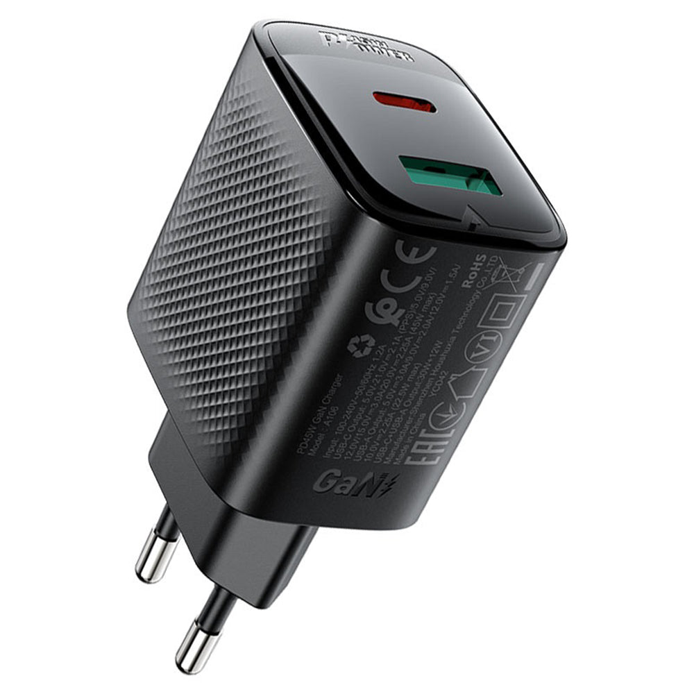 Netværksoplader Acefast A106, 45W, 3A, 1 x USB-A - 1 x USB-C, Sort