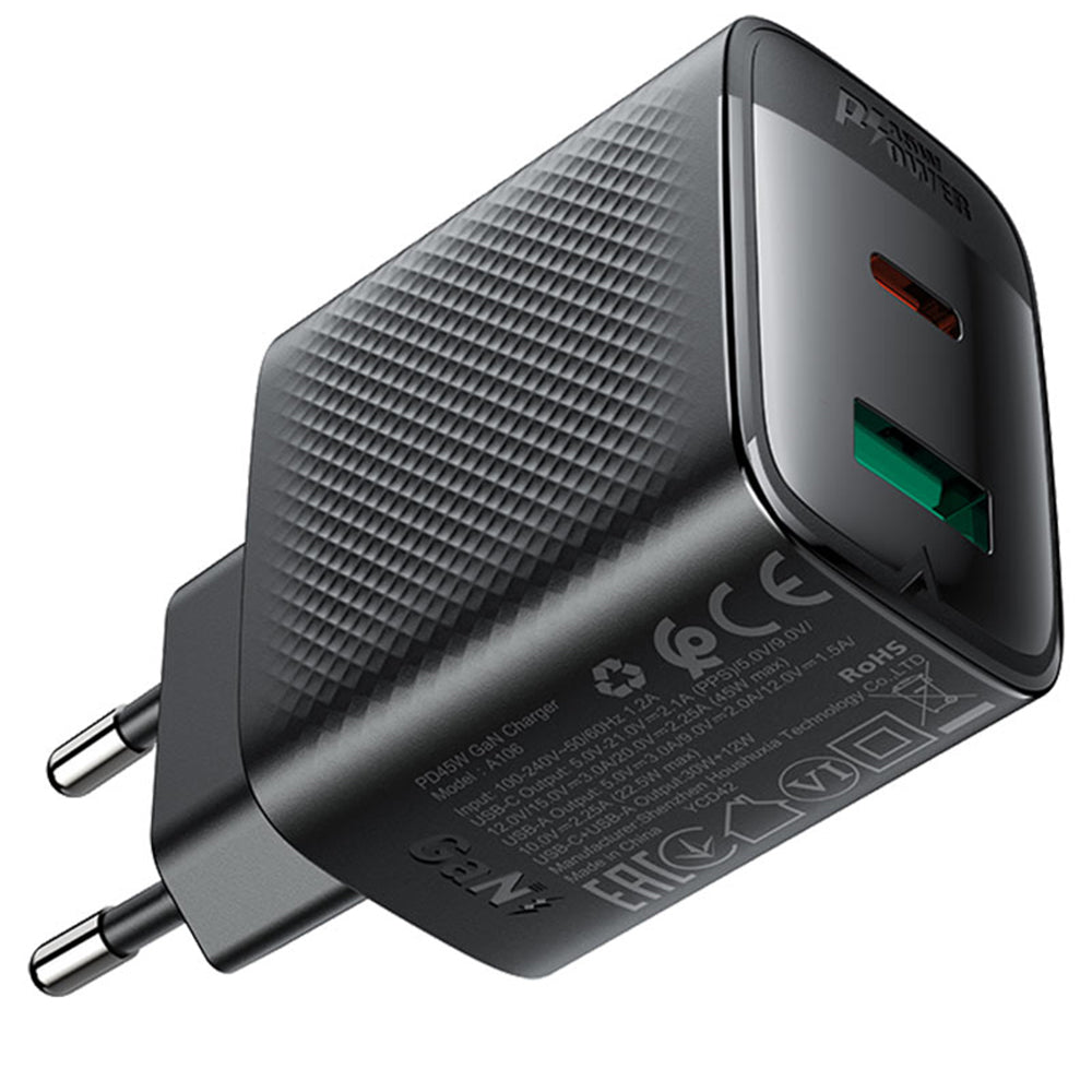 Netværksoplader Acefast A106, 45W, 3A, 1 x USB-A - 1 x USB-C, Sort