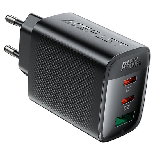 Netværksoplader Acefast A108, 67W, 3A, 1 x USB-A - 2 x USB-C, Sort