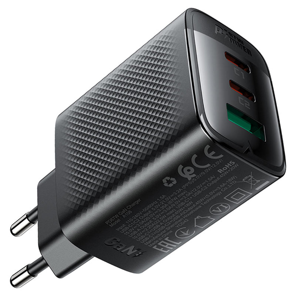 Netværksoplader Acefast A108, 67W, 3A, 1 x USB-A - 2 x USB-C, Sort