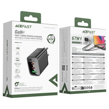 Netværksoplader Acefast A108, 67W, 3A, 1 x USB-A - 2 x USB-C, Sort