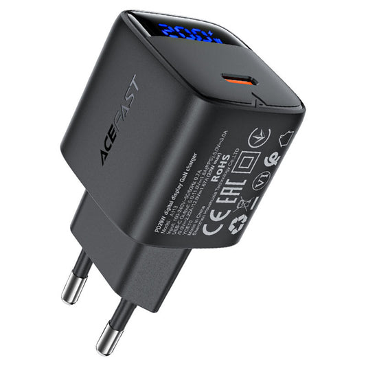 Netværksoplader Acefast A113 Display, 20W, 3A, 1 x USB-C, Sort