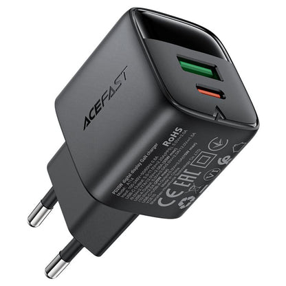 Acefast A114 Display Netværksoplader, 25W, 3A, 1 x USB-A - 1 x USB-C, Sort
