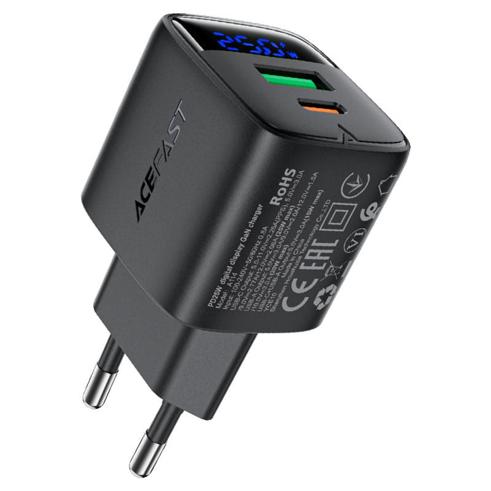 Acefast A114 Display Netværksoplader, 25W, 3A, 1 x USB-A - 1 x USB-C, Sort