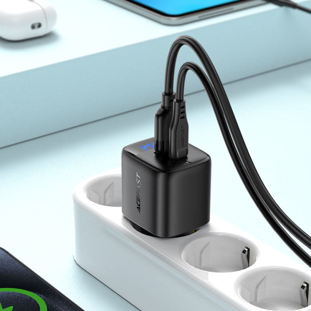 Acefast A114 Display Netværksoplader, 25W, 3A, 1 x USB-A - 1 x USB-C, Sort