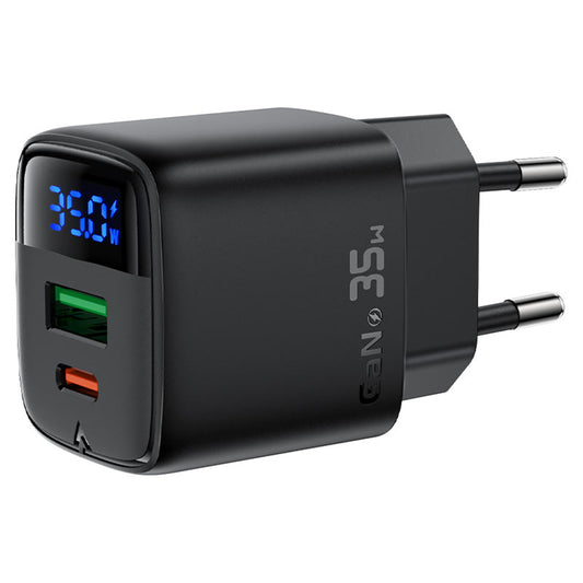Acefast A116 Display netværksoplader, 35W, 3A, 1 x USB-A - 1 x USB-C, Sort