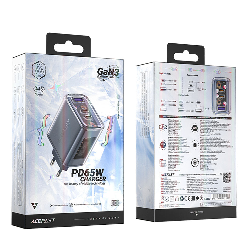 Netværksoplader Acefast A45 Exploration, 65W, 3.25A, 1 x USB-A - 2 x USB-C, Grå