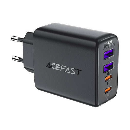 Acefast A61 netoplader, 45W, 3A, 2 x USB-A - 2 x USB-C, Sort