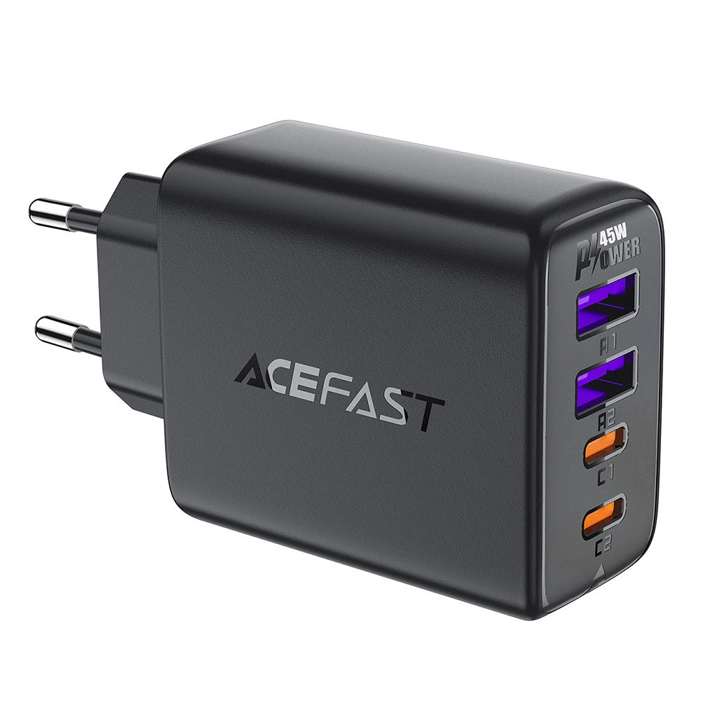 Acefast A61 netoplader, 45W, 3A, 2 x USB-A - 2 x USB-C, Sort