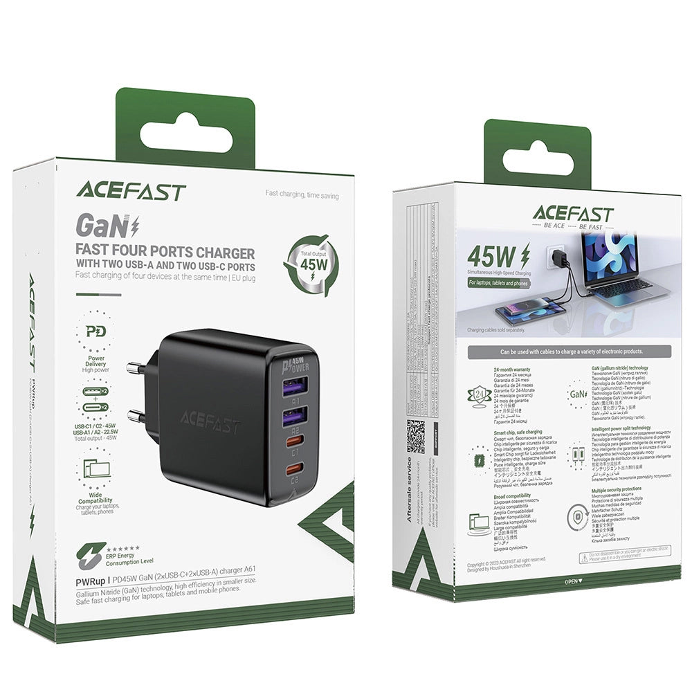 Acefast A61 netoplader, 45W, 3A, 2 x USB-A - 2 x USB-C, Sort