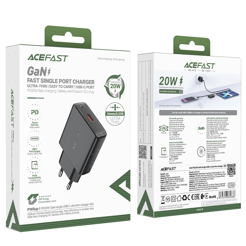 Acefast A65 netværksoplader, 20W, 3A, 1 x USB-C, Sort