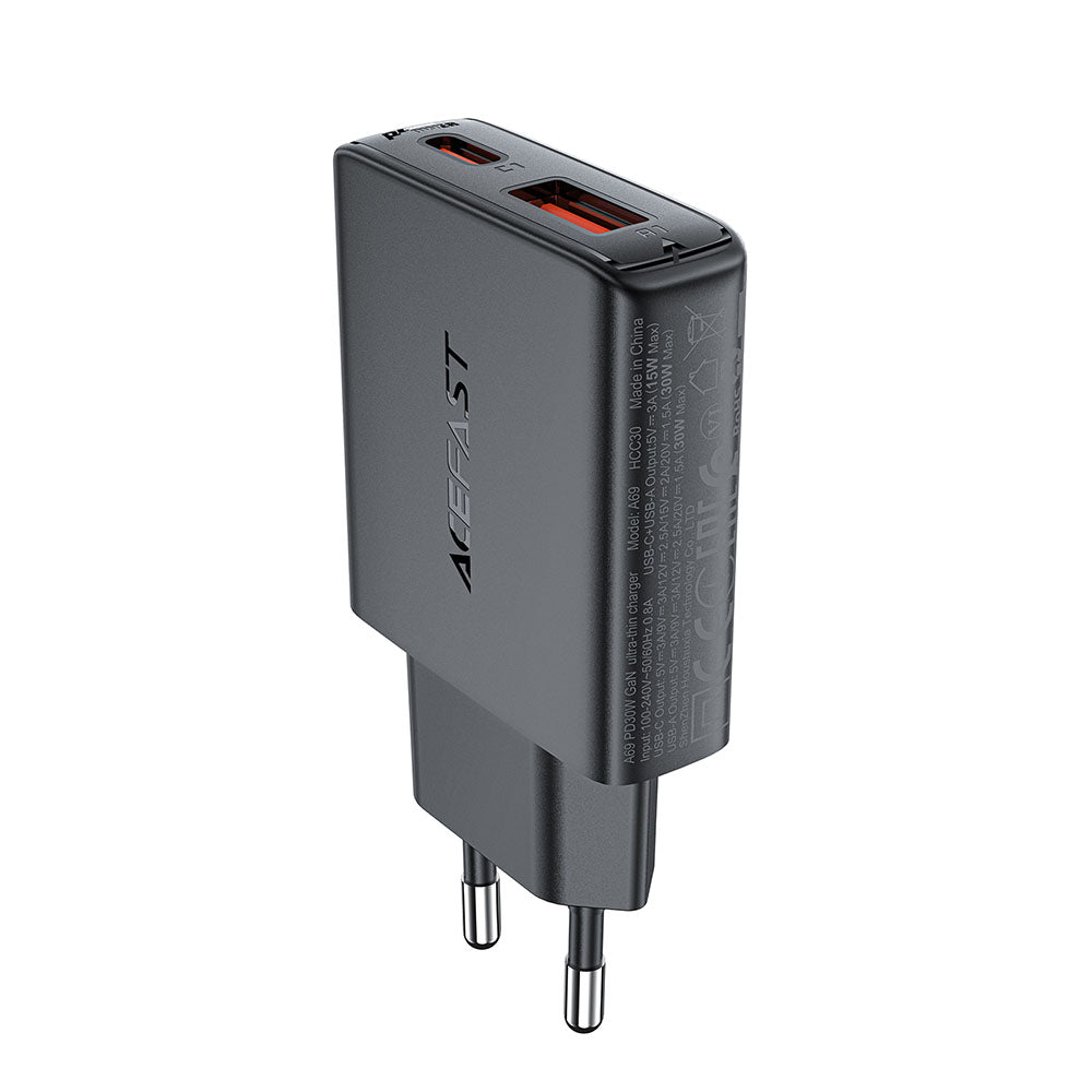 Netværksoplader Acefast A69, 30W, 3A, 1 x USB-A - 1 x USB-C, Sort