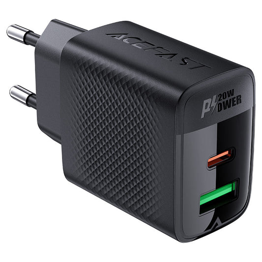 Acefast A78 netværksoplader, 20W, 3A, 1 x USB-A - 1 x USB-C, Sort