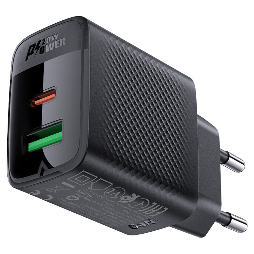 Acefast A78 netværksoplader, 20W, 3A, 1 x USB-A - 1 x USB-C, Sort