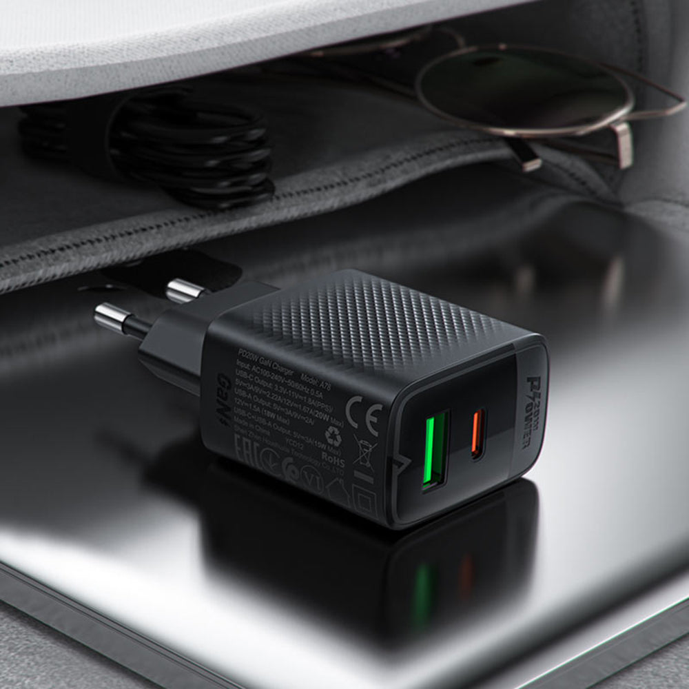 Acefast A78 netværksoplader, 20W, 3A, 1 x USB-A - 1 x USB-C, Sort
