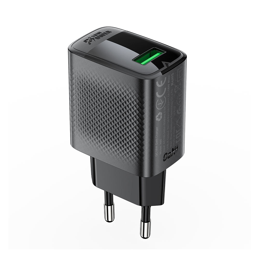 Acefast A90 Network Charger, 18W, 3A, 1 x USB-A, Black