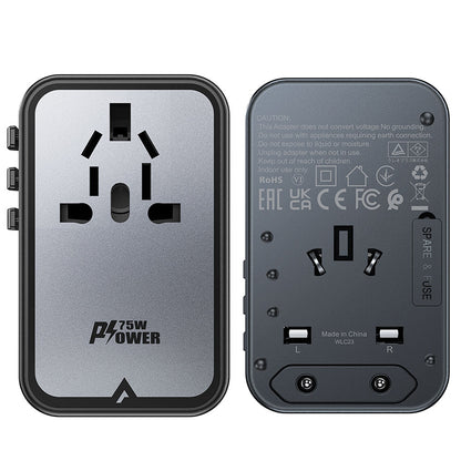 Acefast Travel Z1 netværksoplader, 75W, 3.35A, 2 x USB-A - 3 x USB-C, Sort
