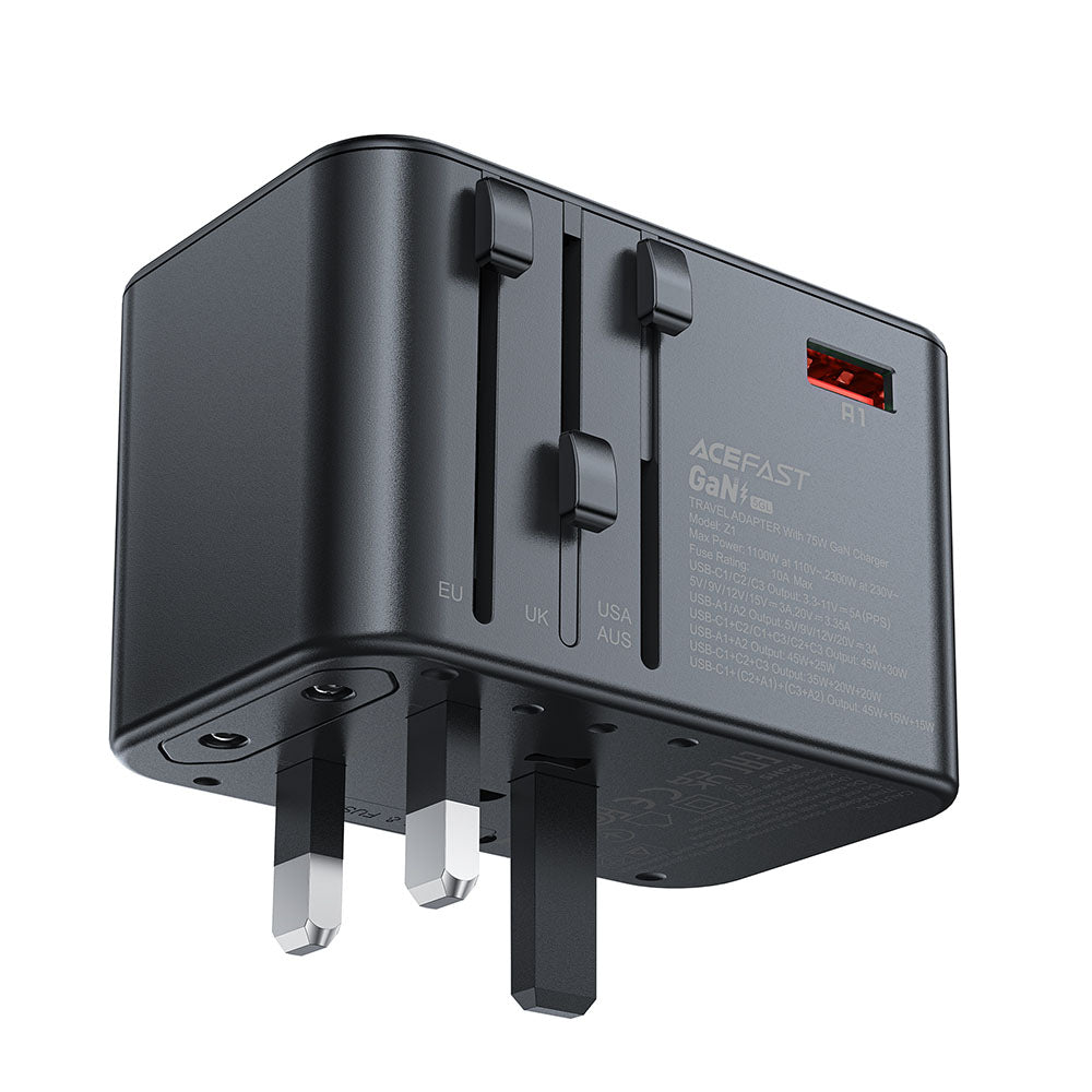 Acefast Travel Z1 netværksoplader, 75W, 3.35A, 2 x USB-A - 3 x USB-C, Sort
