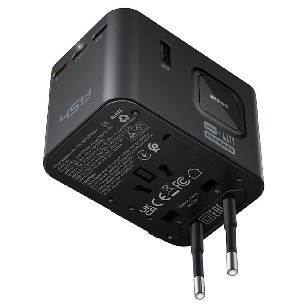 Acefast Z8 Travel netværksoplader, 45W, 3A, 2 x USB-A - 3 x USB-C, Sort