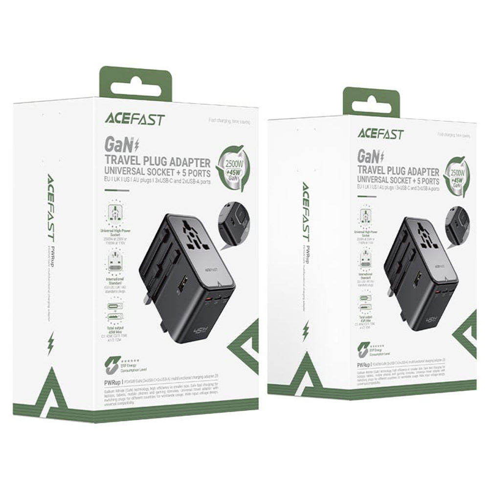 Acefast Z8 Travel netværksoplader, 45W, 3A, 2 x USB-A - 3 x USB-C, Sort