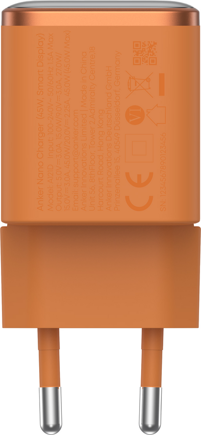 Anker Nano Display Netoplader, 45W, 3A, 1 x USB-C, Orange A121DGO1