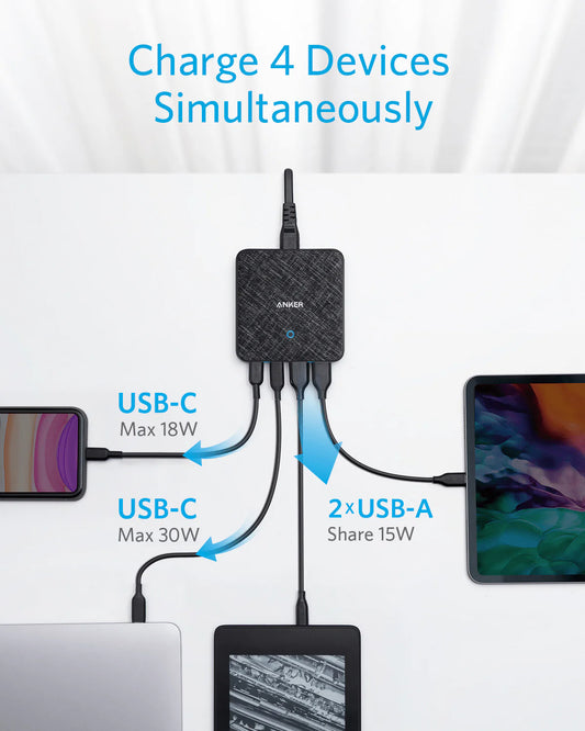 Oplader Anker PowerPort Atom III station, 65W, 3A, 2 x USB-A - 2 x USB-C, Sort A2046G12