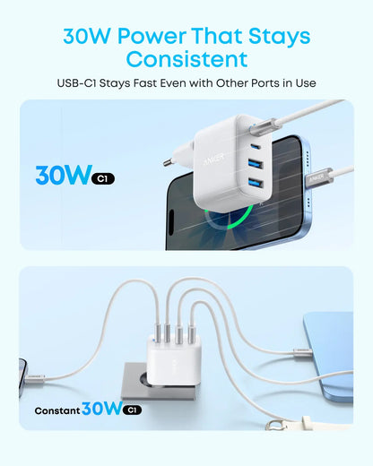 Anker Zolo Netoplader, 50W, 3A, 2 x USB-A - 2 x USB-C, Hvid