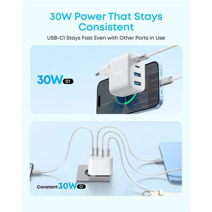 Anker Zolo Netoplader, 50W, 3A, 2 x USB-A - 2 x USB-C, Hvid A121EG21