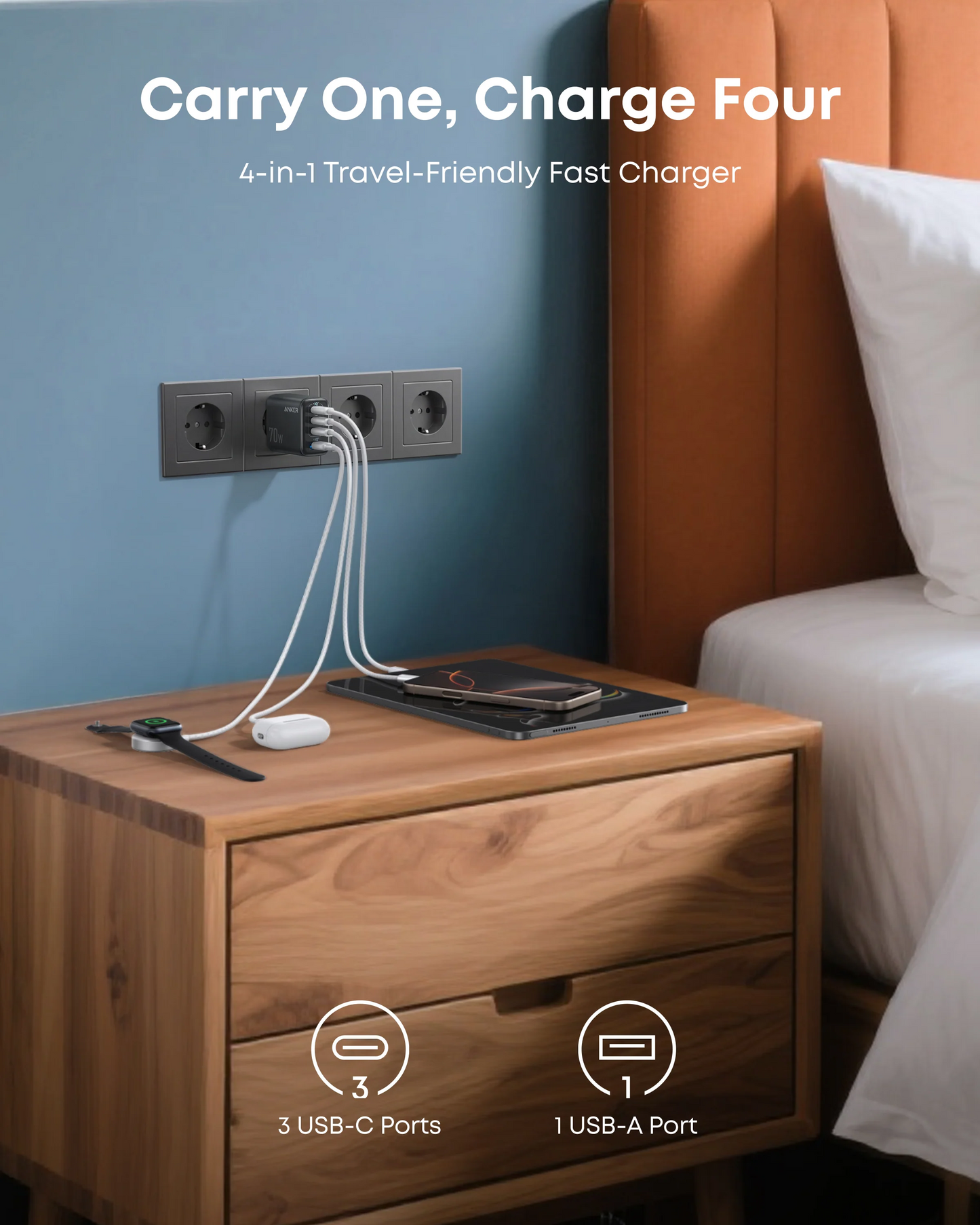 Anker Zolo Netoplader, 70W, 1 x USB-A - 3 x USB-C, Sort A121CG11