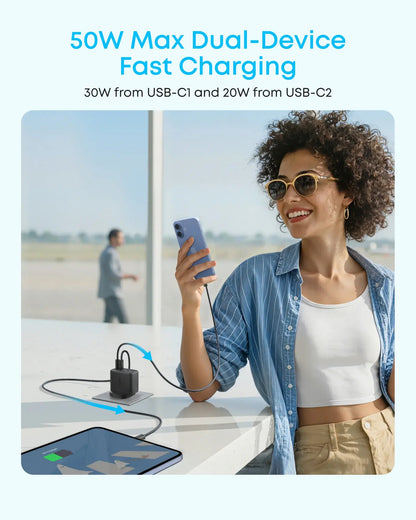 Anker Zolo Netoplader, 50W, 3A, 2 x USB-A - 2 x USB-C, Hvid
