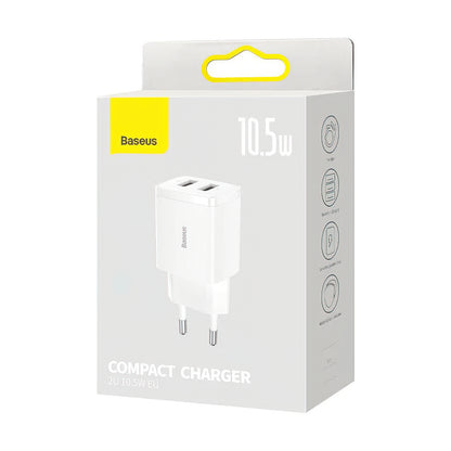 Baseus Compact netværksoplader, 10.5W, 2.1A, 2 x USB-A, Hvid CCXJ010202