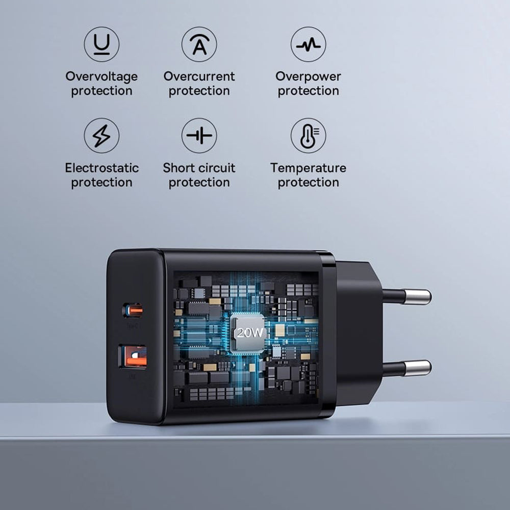 Baseus Cube netværksoplader, 20W, 3A, 1 x USB-A - 1 x USB-C, Hvid P10111403213-00