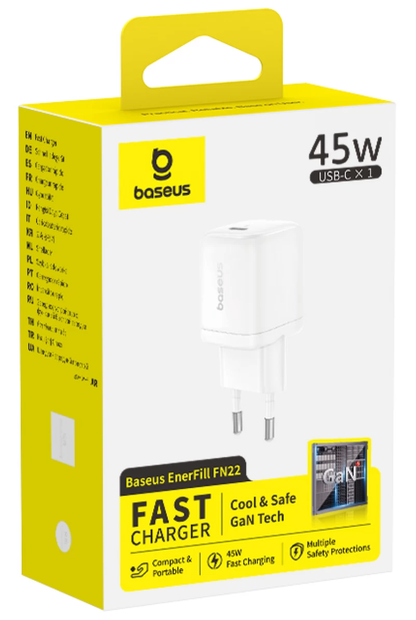 Baseus EnerFill FN22-netoplader, 45 W, 3 A, 1 x USB-C, hvid E0123301