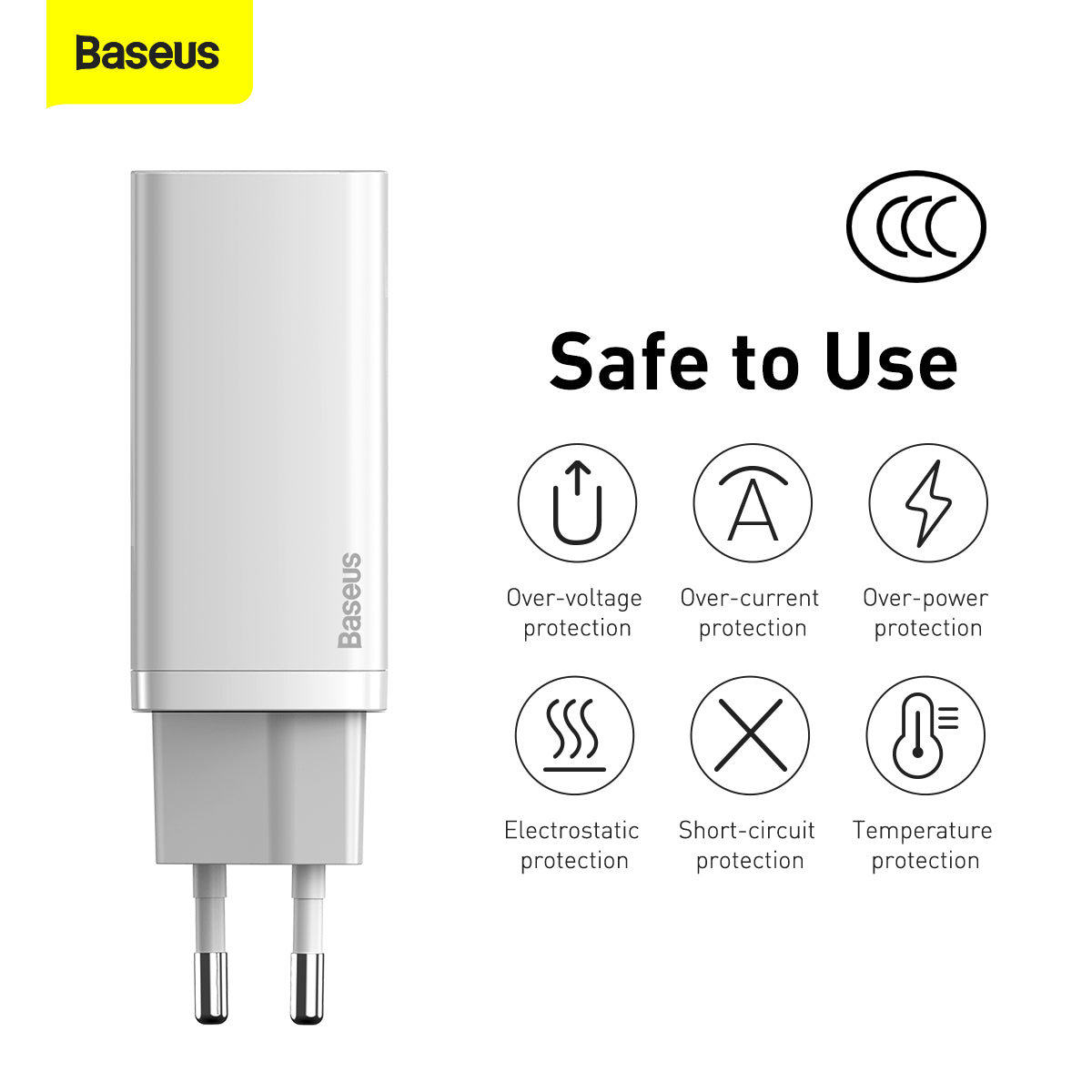 Netværksoplader Baseus Gain2 Lite, 65W, 3A, 1 x USB-A - 1 x USB-C, hvid CCGAN2L-B02 
