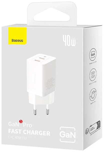 Baseus GaN5 Pro netværksoplader, 40W, 3A, 2 x USB-C, Hvid CCGP180102