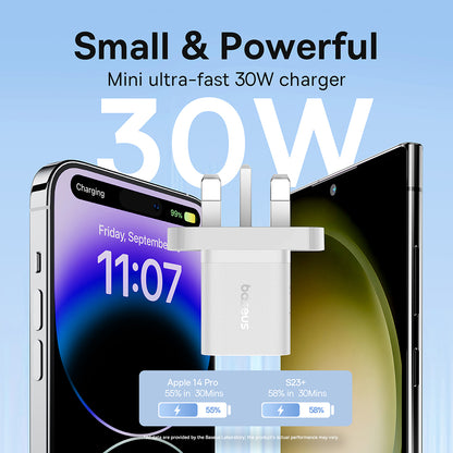 Baseus GaN5 UK netværksoplader, 30W, 3A, 1 x USB-C, Hvid P10110906213-00