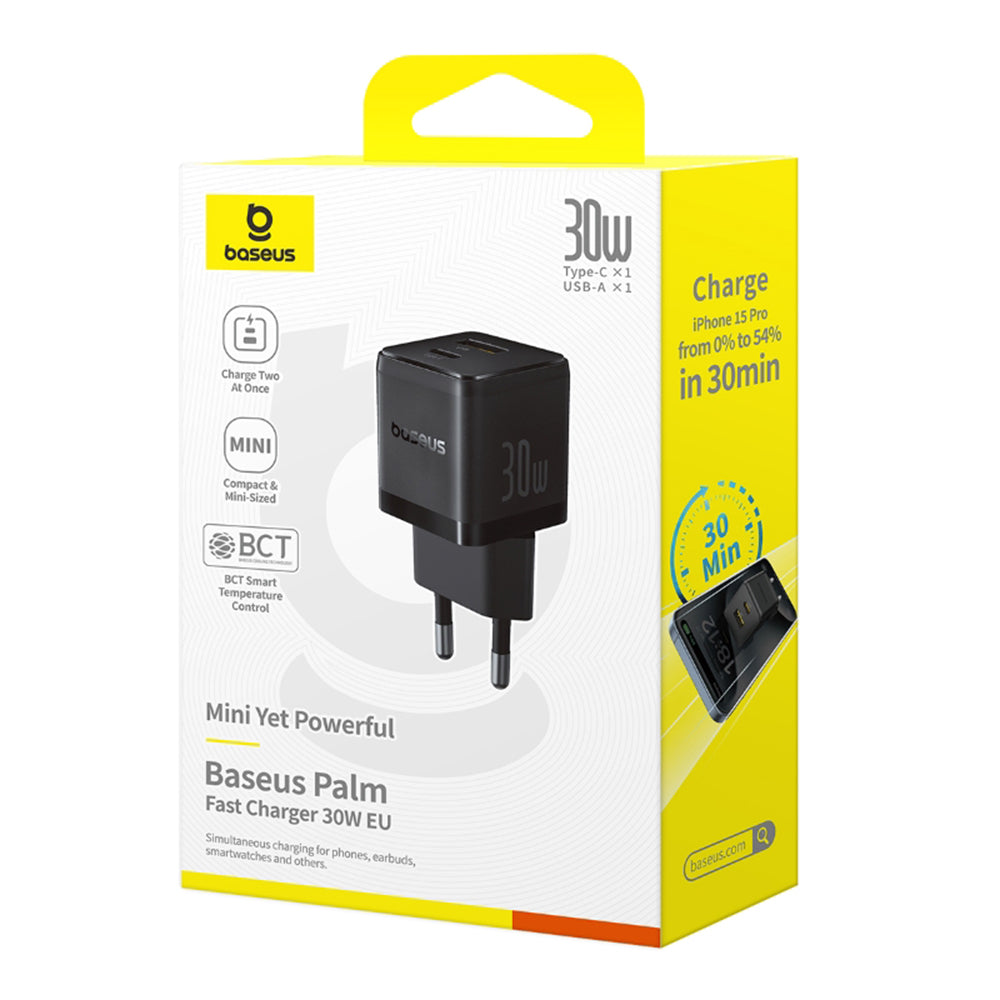 Baseus Palm netværksoplader, 30W, 3A, 1 x USB-A - 1 x USB-C, Sort P1011160A113-00