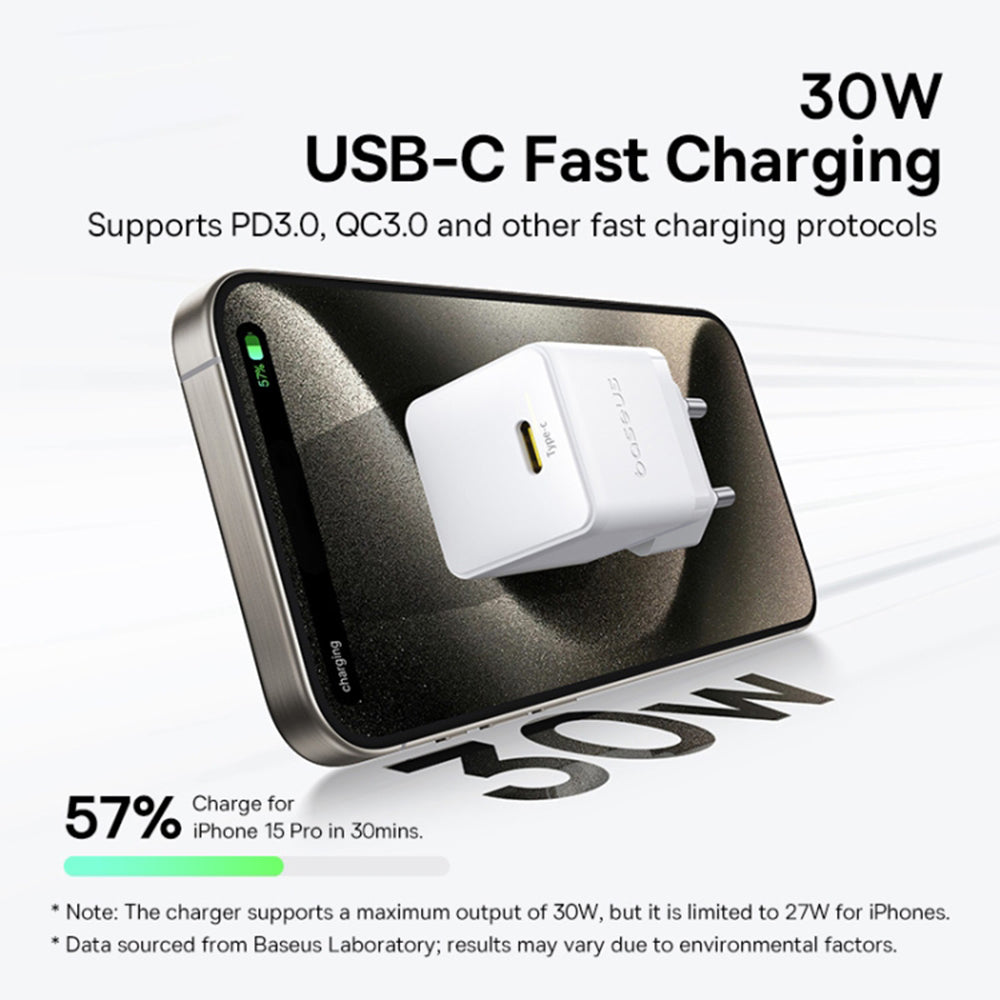 Baseus Palm Netværksoplader, 30W, 3A, 1 x USB-C, Hvid P10111605213-00