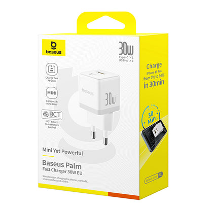 Baseus Palm netværksoplader, 30W, 3A, 1 x USB-A - 1 x USB-C, Hvid P1011160A213-00