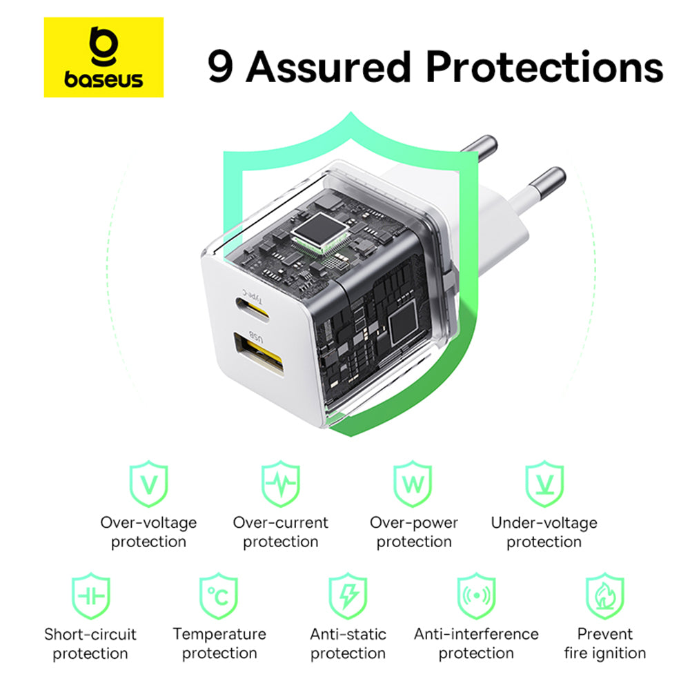 Baseus Palm netværksoplader, 30W, 3A, 1 x USB-A - 1 x USB-C, Hvid P1011160A213-00