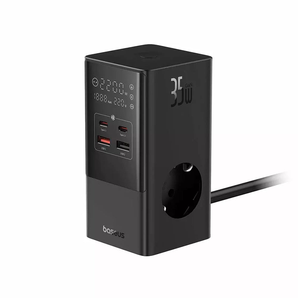 Baseus PowerCombo netværksoplader, 35W, 5A, 2 x USB-A - 2 x USB-C - 3 x Schuko, Sort, Genforseglet E00023606113-00