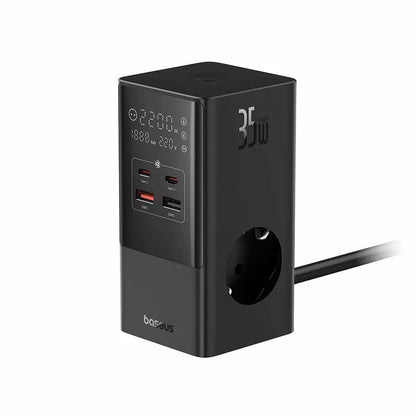 Baseus PowerCombo netværksoplader, 35W, 5A, 2 x USB-A - 2 x USB-C - 3 x Schuko, Sort, Genforseglet E00023606113-00