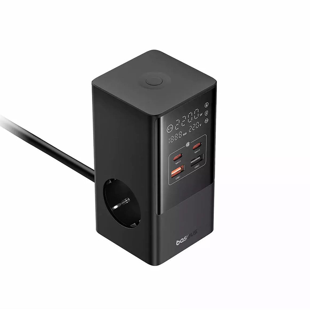 Baseus PowerCombo netværksoplader, 35W, 5A, 2 x USB-A - 2 x USB-C - 3 x Schuko, Sort, Genforseglet E00023606113-00