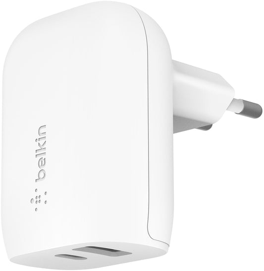 Belkin BoostCharge Dual Netoplader, 37W, 3A, 1 x USB-A - x USB-C, Hvid WCB007vfWH