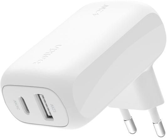 Belkin BoostCharge Dual Netoplader, 42W, 3A, 1 x USB-A - 1 x USB-C, Hvid WCB009vfWH